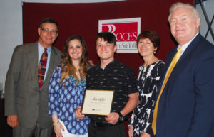Alex Giglio of Half Hollow Hills (center) is congratulated by (from left) Western Suffolk BOCES Board of Education President Peter Wunsch, School Psychologist Jean Marie Ciaffone, Special Education Executive Director Teresa Strum and WSBOCES Chief Operating Officer Michael Flynn at May 9 Student Recognition ceremonies