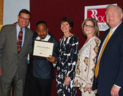 Joshua Shoulton of Commack (second from left) is congratulated by (from left) Western Suffolk BOCES Board of Education President Peter Wunsch, Special Education Executive Director Teresa Strum, teacher Jeanine Lagrasta and WSBOCES Chief Operating Officer Michael Flynn at May 9 Student Recognition ceremonies.