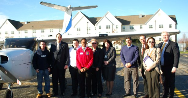 Assemblyman Chad Lupinacci (second, l.) tours Western Suffolk BOCES schools including Wilson Tech's Republic Airport campus. joining him are (l. to r.) Peter Montenegro, Carlos Barrera-Rojas, Jahad Hoyt, Maureen Donohue-Whitley (District Superintendent), Nancy Kelsey (Executive Director of Career and Technical Education), Mehdi Delshad (Aviation Science/Flight instructor), Peter Wunsch (BOCES Board President), Ilene Herz, Esq. (BOCES Board member) and Michael Flynn (Chief Operating Officer).